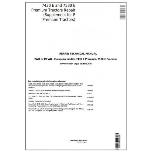 SUPTM8042EP John Deere 7430E, 7530E Premium Tractor Supplement for Pdf Repair Technical Manual
