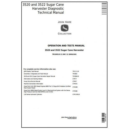 TM100519 John Deere 3520, 3522 Wheel Sugar Cane Harvesters Pdf Operation and Tests Manual