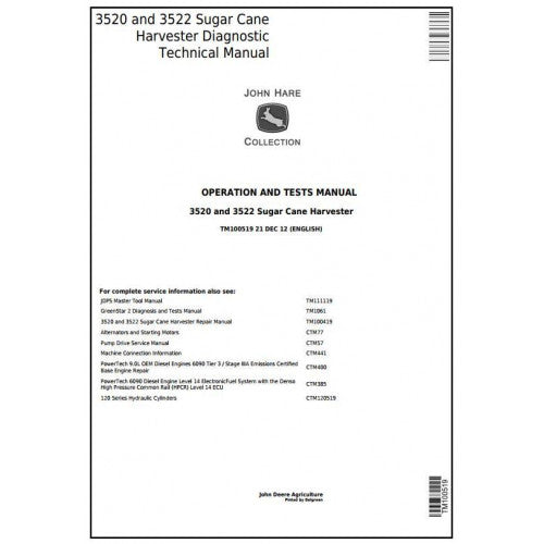 TM100519 John Deere 3520, 3522 Wheel Sugar Cane Harvesters Pdf Operation and Tests Manual