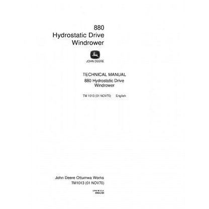 TM1013 John Deere 880 Hydrostatic Drive Windrowers Pdf Technical Service Manual