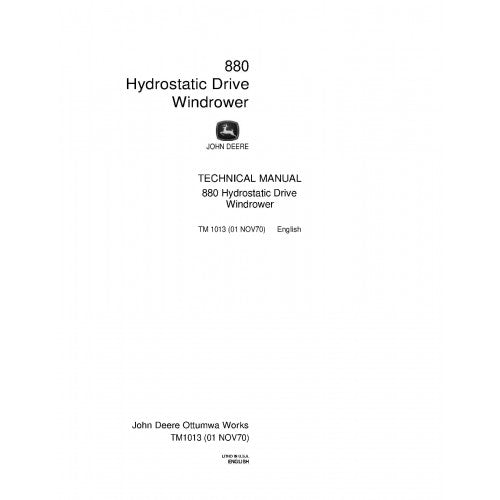 TM1013 John Deere 880 Hydrostatic Drive Windrowers Pdf Technical Service Manual