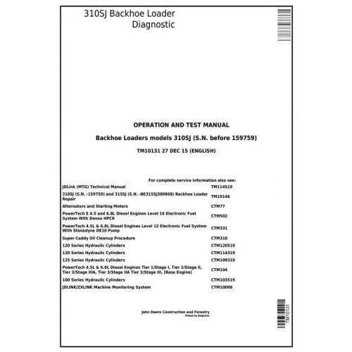 TM10131 John Deere 310SJ Backhoe Loader Pdf Diagnostic, Operation and Test Service Manual