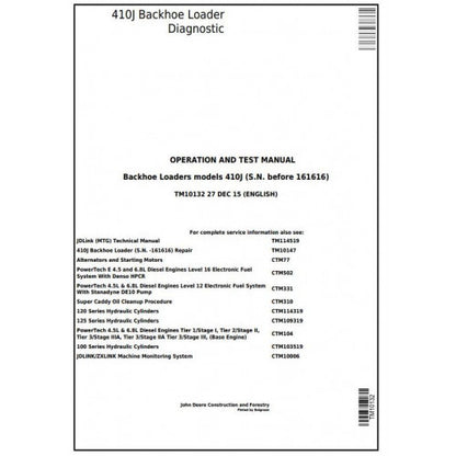 TM10132 John Deere 410J Backhoe Loader Pdf Diagnostic, Operation and Test Service Manual