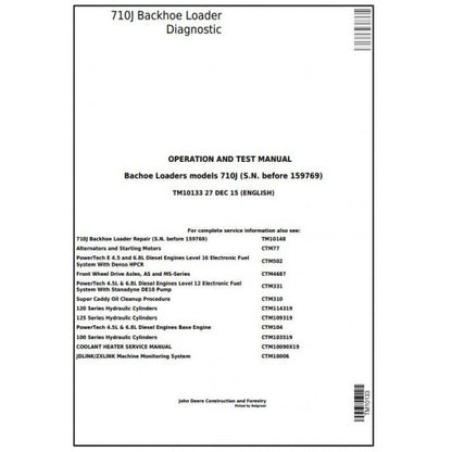 TM10133 John Deere 710J Backhoe Loader Pdf Diagnostic, Operation and Test Service Manual