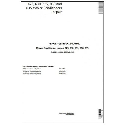 TM101419 John Deere 625, 630, 635, 830 and 835 Mower-Conditioners Pdf Repair Service Technical Manual