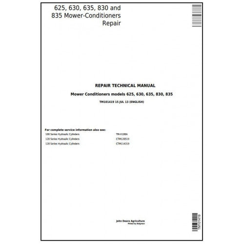 TM101419 John Deere 625, 630, 635, 830 and 835 Mower-Conditioners Pdf Repair Service Technical Manual