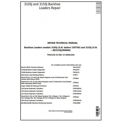 TM10146 John Deere 310SJ, 315SJ Backhoe Loader Pdf Repair Service Technical Manual