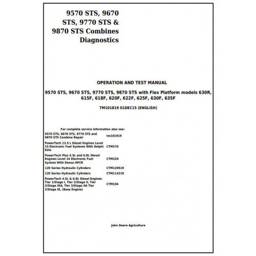 TM101819 John Deere 9570STS, 9670STS, 9770STS, 9870STS Combines Pdf Operation and Tests Manual