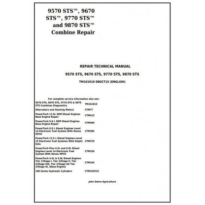 TM101919 John Deere 9570 STS, 9670 STS, 9770 STS and 9870 STS Combines Pdf Technical Service Manual