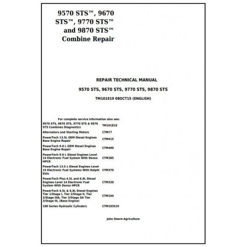 TM101919 John Deere 9570 STS, 9670 STS, 9770 STS and 9870 STS Combines Pdf Technical Service Manual