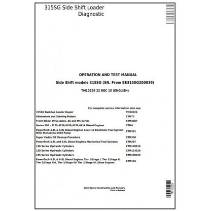 TM10225 John Deere 315SG Side Shift Loader Pdf Diagnostic, Operation and Test Service Manual