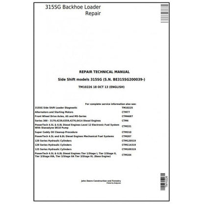 TM10226 John Deere 315SG Side Shift Loader Pdf Repair Service Technical Manual