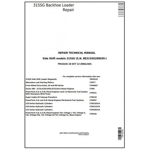 TM10226 John Deere 315SG Side Shift Loader Pdf Repair Service Technical Manual