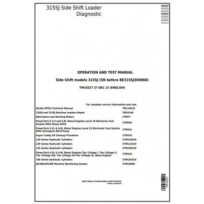 TM10227 John Deere 315SJ Side Shift Loader Pdf Diagnostic, Operation and Test Service Manual