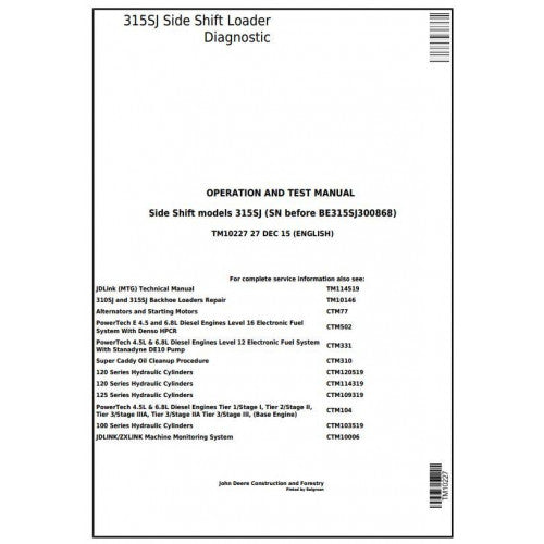 TM10227 John Deere 315SJ Side Shift Loader Pdf Diagnostic, Operation and Test Service Manual