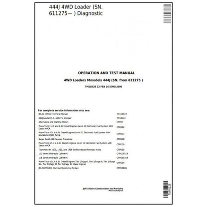 TM10228 John Deere 444J 4WD Loader Pdf Diagnostic, Operation and Test Service Manual