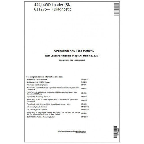 TM10228 John Deere 444J 4WD Loader Pdf Diagnostic, Operation and Test Service Manual