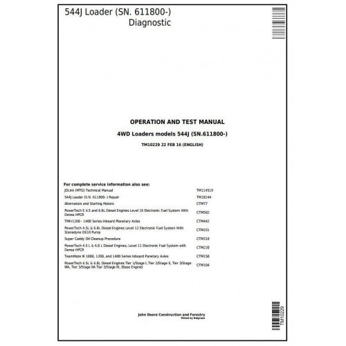 TM10229 John Deere 544J 4WD Loader Pdf Diagnostic, Operation and Test Service Manual