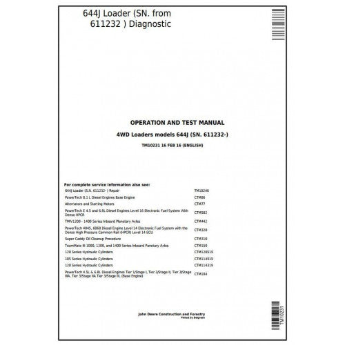 TM10231 John Deere 644J 4WD Loader Pdf Diagnostic, Operation and Test Service Manual