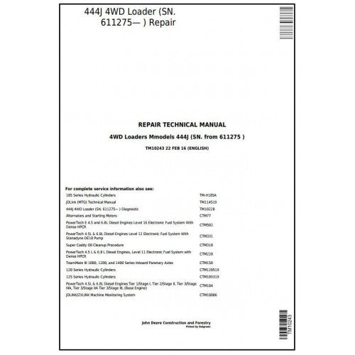TM10243 John Deere 444J 4WD Loader Pdf Repair Service Technical Manual