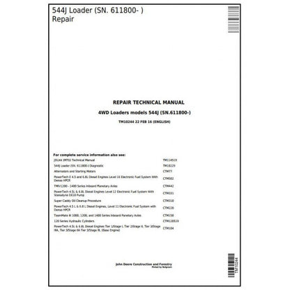 TM10244 John Deere 544J 4WD Loader Pdf Technical Service Manual