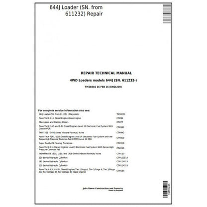 TM10246 John Deere 644J 4WD Loader Pdf Repair Service Technical Manual