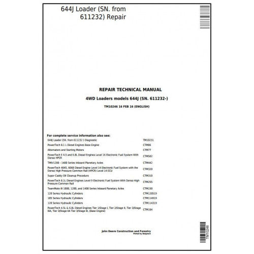 TM10246 John Deere 644J 4WD Loader Pdf Repair Service Technical Manual