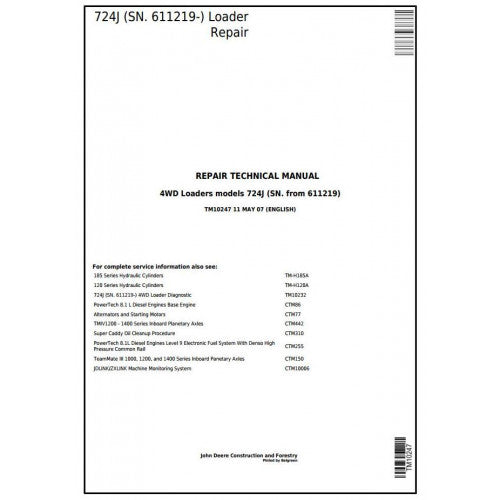 TM10247 John Deere 724J 4WD Loader Pdf Repair Service Technical Manual