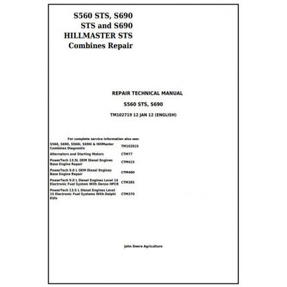 TM102719 John Deere S560 STS, S690 STS and S690 HILLMASTER STS Combines Pdf Technical Service Manual