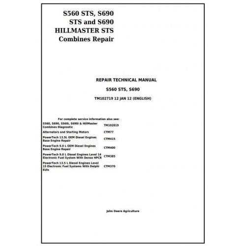 TM102719 John Deere S560 STS, S690 STS and S690 HILLMASTER STS Combines Pdf Technical Service Manual