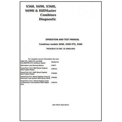 TM102819 John Deere S560, S690, S560i, S690i & HillMaster Combines Pdf Operation and Tests Manual