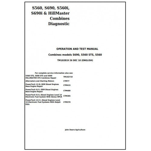 TM102819 John Deere S560, S690, S560i, S690i & HillMaster Combines Pdf Operation and Tests Manual