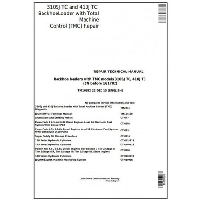 TM10282 John Deere 310SJ TC, 410J TC Backhoe Loader Pdf Repair Service Technical Manual