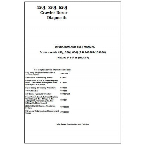 TM10292 John Deere 450J, 550J, 650J Crawler Dozer Pdf Diagnostic, Operation and Test Service Manual