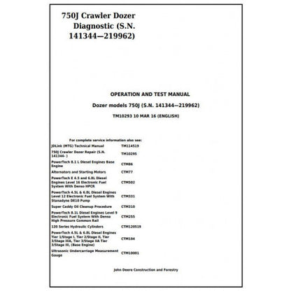 TM10293 John Deere 750J Crawler Dozer Pdf Diagnostic, Operation and Test Service Manual