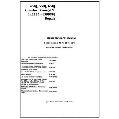 TM10294 John Deere 450J, 550J, 650J Crawler Dozer Pdf Repair Service Technical Manual