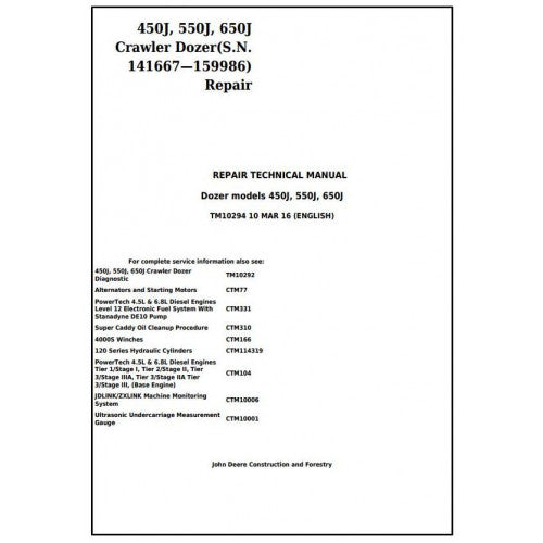TM10294 John Deere 450J, 550J, 650J Crawler Dozer Pdf Repair Service Technical Manual