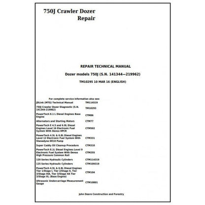 TM10295 John Deere 750J Crawler Dozer Pdf Repair Service Technical Manual