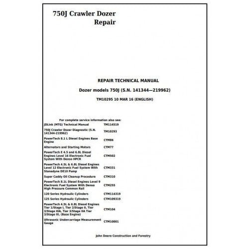 TM10295 John Deere 750J Crawler Dozer Pdf Repair Service Technical Manual
