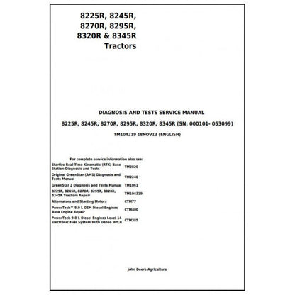 TM104219 John Deere 8225R, 8245R, 8270R, 8295R, 8320R, 8345R Tractor Pdf Diagnosis and Tests Service Manual