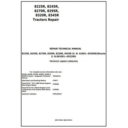 TM104319 John Deere 8225R, 8245R, 8270R, 8295R, 8320R, 8345R Tractor Pdf Repair Service Technical Manual