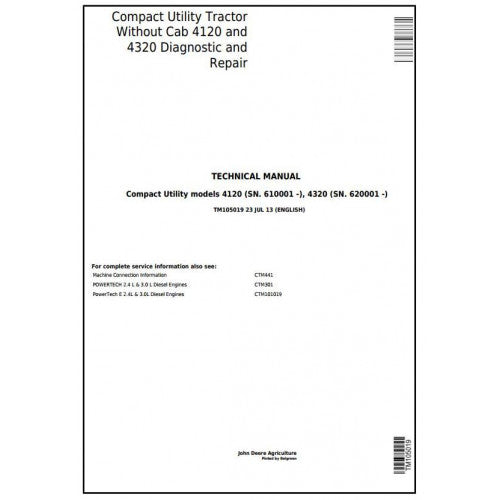 TM105019 John Deere 4120, 4320 Compact Utility Tractor Pdf Technical Service Manual