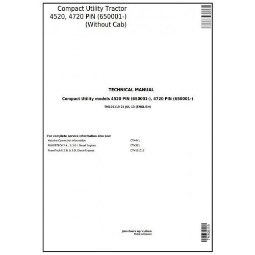 TM105119 John Deere 4520, 4720 Compact Utility Tractor Pdf Technical Service Manual