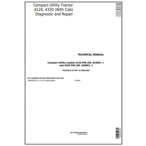 TM105319 John Deere 4120, 4320 Compact Utility Tractor Pdf Technical Service Manual