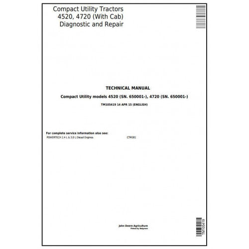TM105419 John Deere 4520, 4720 Compact Utility Tractor Pdf Technical Service Manual