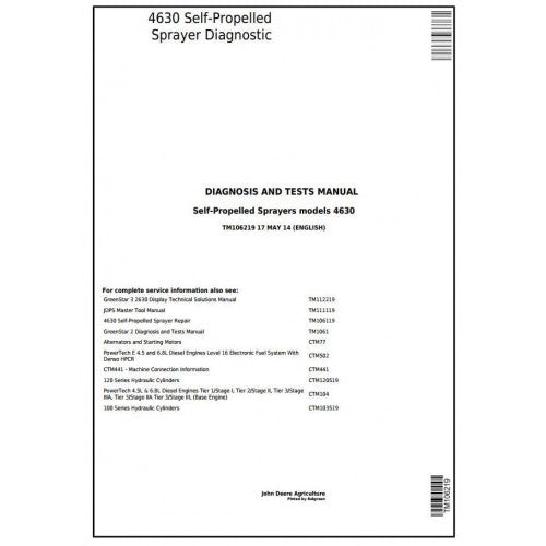 TM106219 John Deere 4630 Self-Propelled Sprayers Pdf Diagnosis and Tests Service Manual