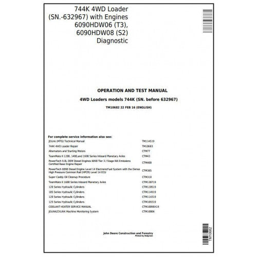TM10682 John Deere 744K T3/S2 4WD Loader Pdf Diagnostic, Operation and Test Service Manual