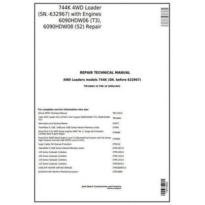 TM10683 John Deere 744K 4WD Loader Pdf Repair Service Technical Manual