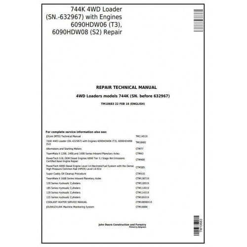 TM10683 John Deere 744K 4WD Loader Pdf Repair Service Technical Manual