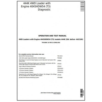 TM10684 John Deere 444K (T3) 4WD Loader Pdf Diagnostic, Operation and Test Service Manual